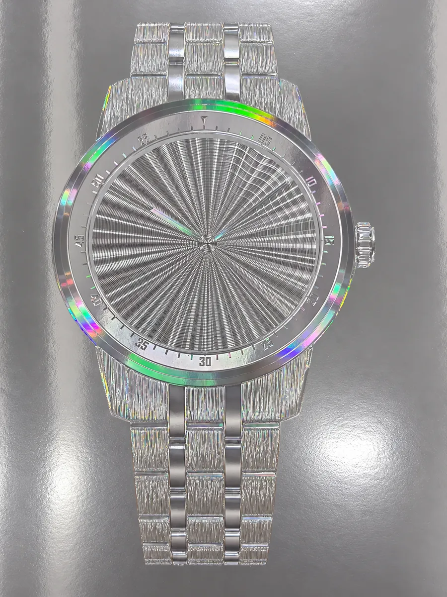 Custom UV design example: a watch drawn in layered silver, brushed and rainbow effects